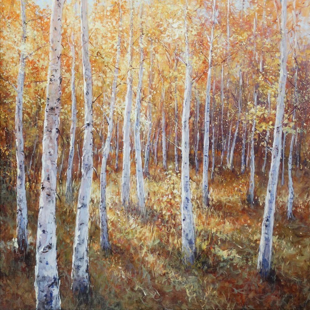 Landscape painting “White Birch Forest” by Mariusz Kaldowski — acrylic on canvas, 80 × 80 cm. Commission work.