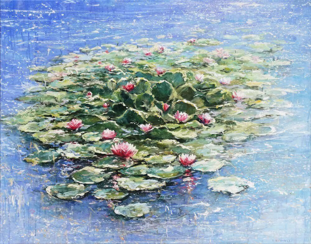 Landscape painting “Waterlilies” by Mariusz Kaldowski — acrylic on canvas, 80 × 100 cm. Commission work.