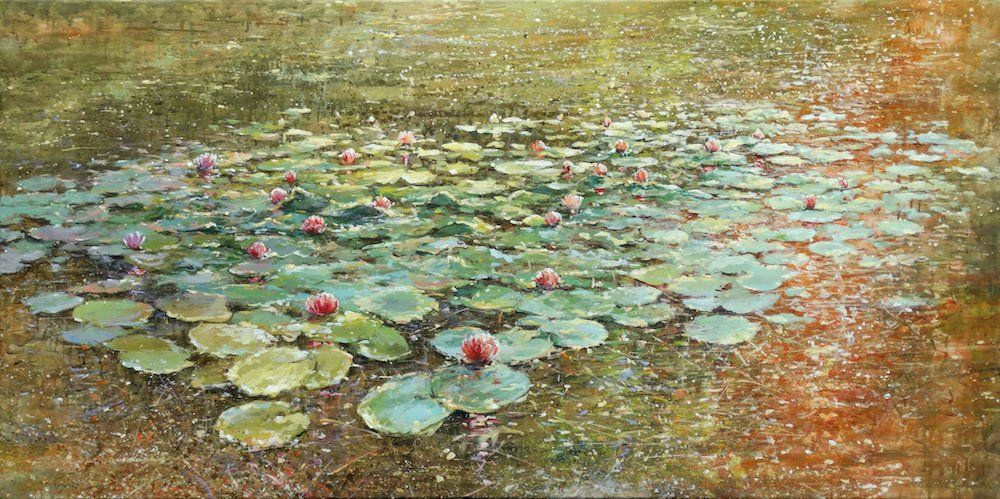 Landscape painting “August Waterlilies” by Mariusz Kaldowski — acrylic on canvas, 80 × 160 cm