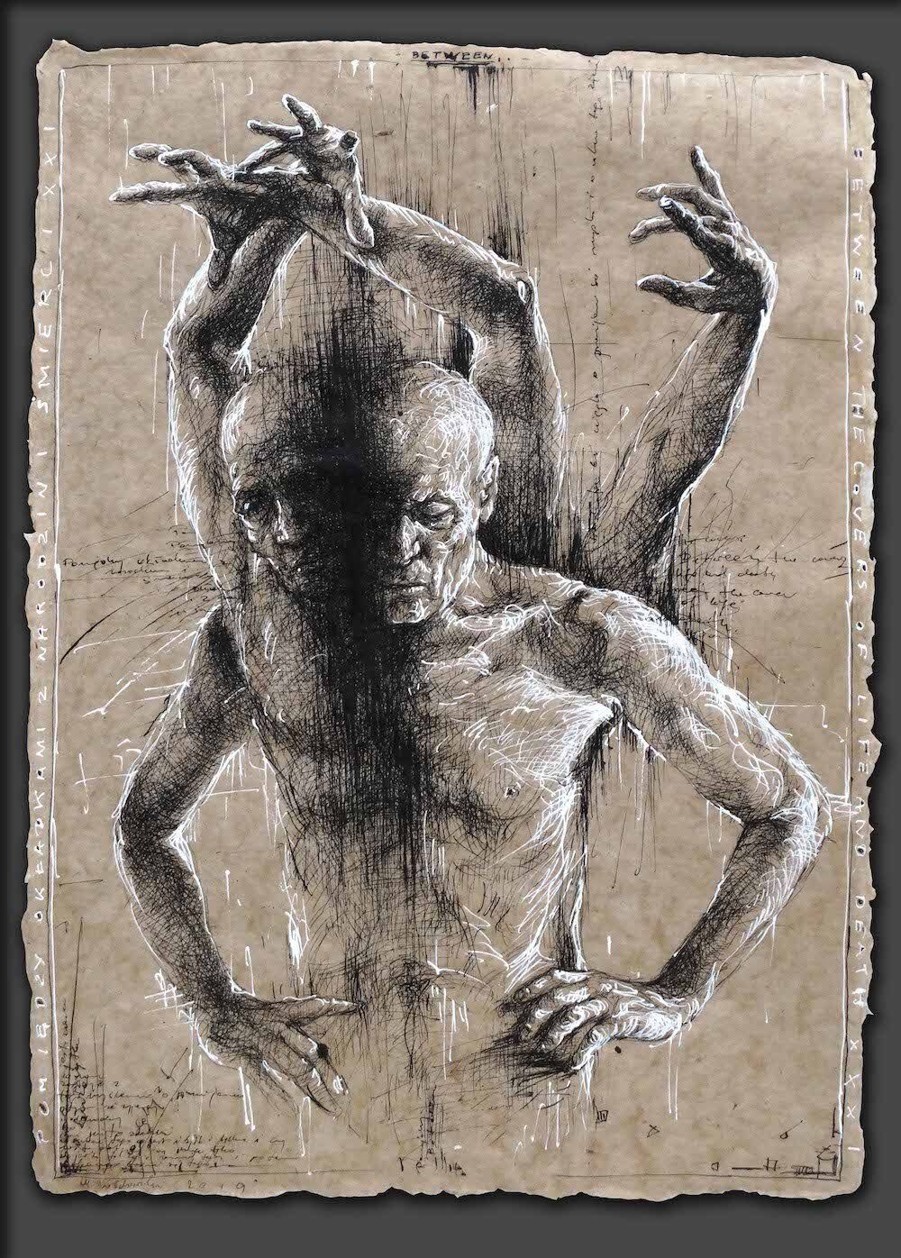 Pen and ink drawing of a standing male figure with many hands by Mariusz Kaldowski