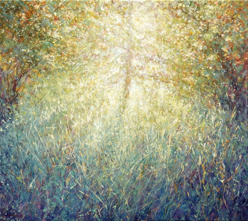 Towards The Light – Painting by Mariusz Kaldowski, acrylic artwork of sunlight breaking through a grassy woodland scene