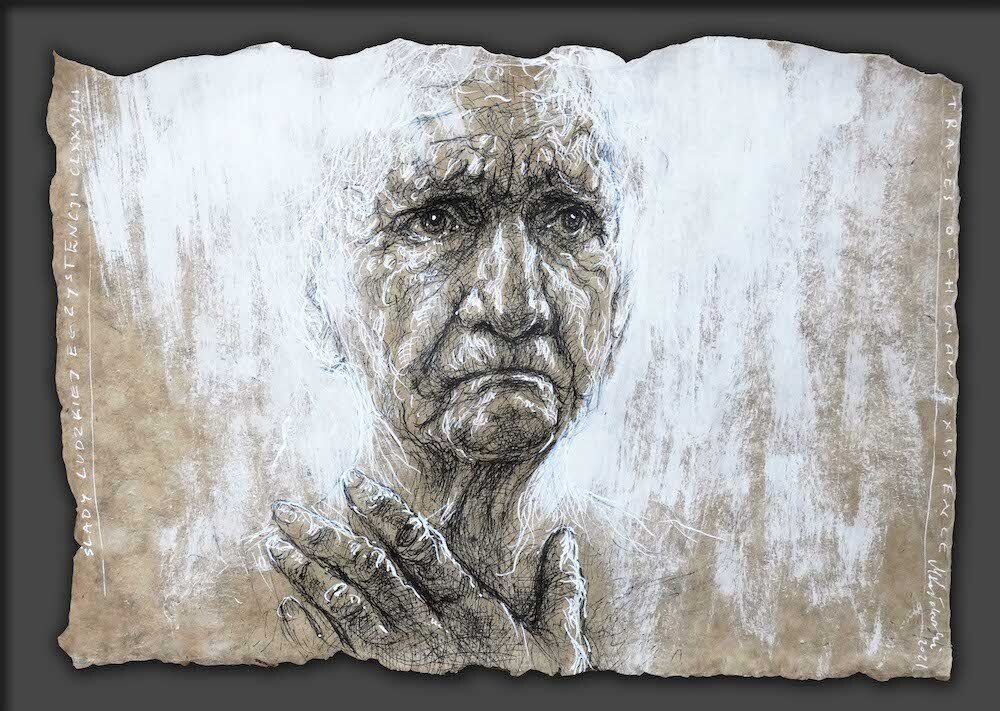 Pen and ink drawing of an old woman by Mariusz Kaldowski