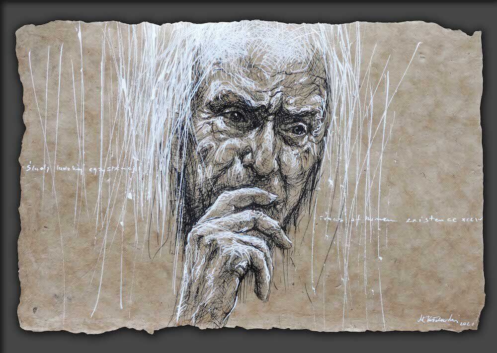 Pen & ink portrait of a middle-aged pensive man by Mariusz Kaldowski