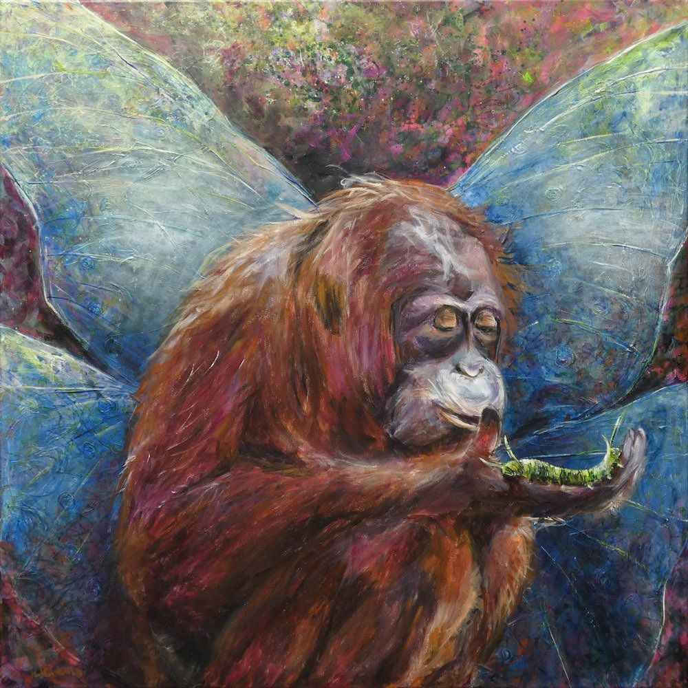 Painting by Kasia Kaldowski of an orangutan holding a caterpillar and becoming a butterfly.