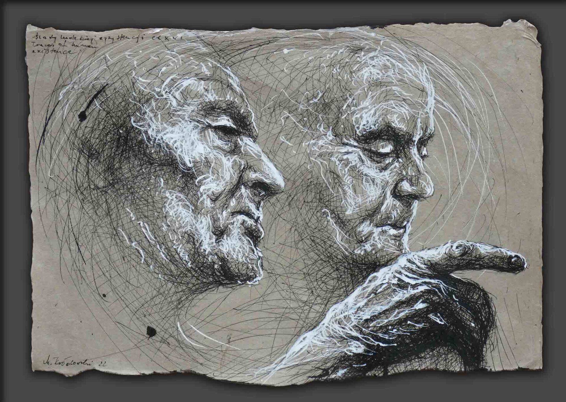 Study drawing of faces of man, woman and hand by Mariusz Kaldowski