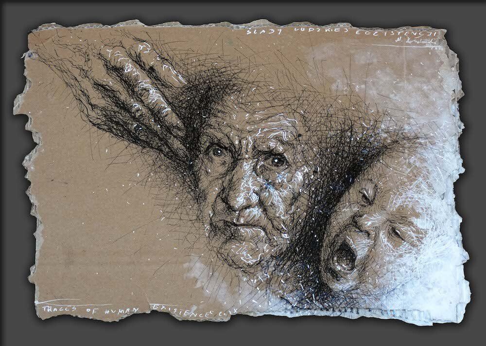 Drawing of two faces, old, and baby, by Mariusz Kaldowski