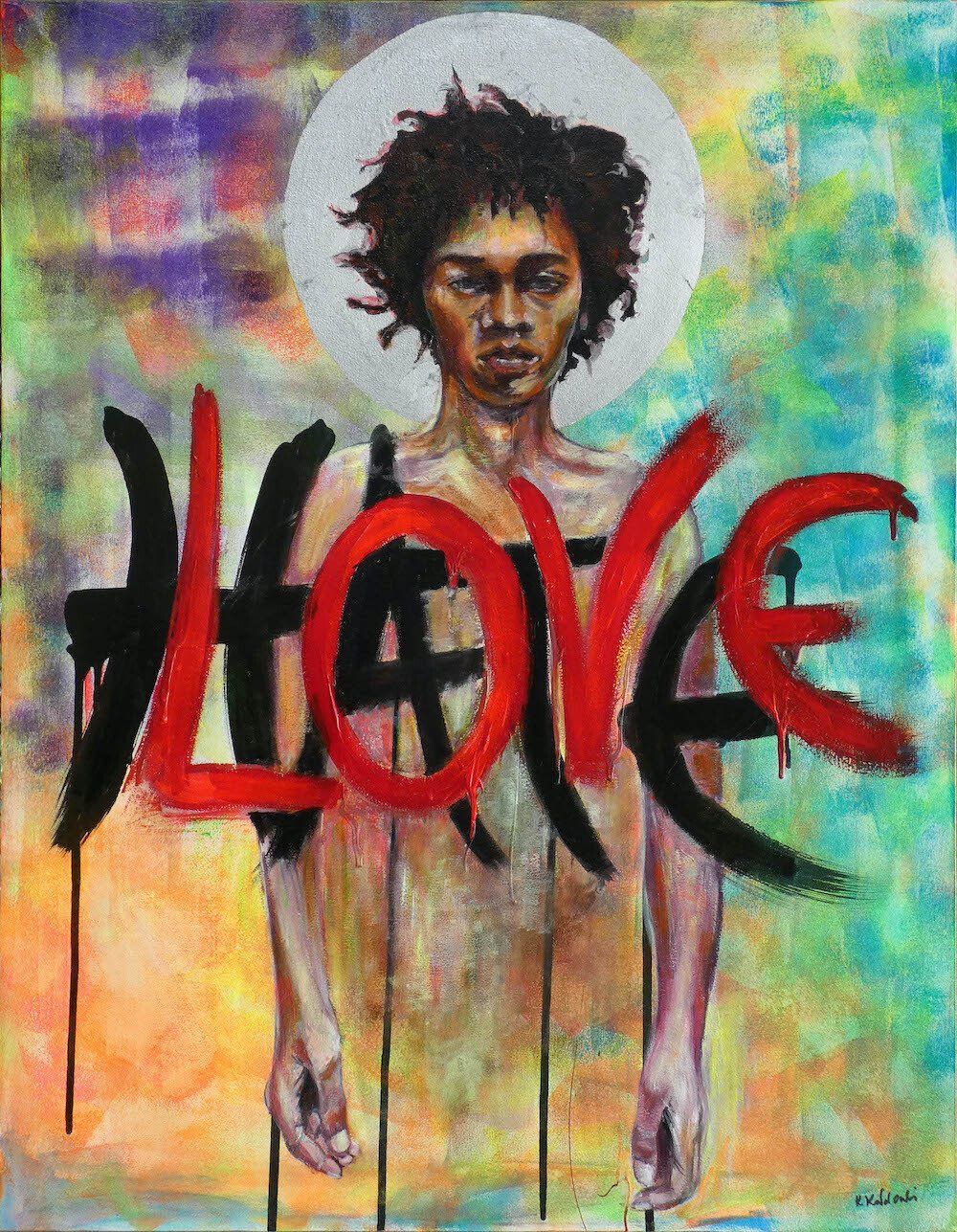 Love & Hate — portrait by Kasia Kaldowski from the All Saints Ball project, mixed-race male, acrylic on canvas.