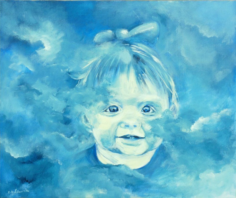Story of Baby Evelyn — smiling baby in blue clouds, painting by Kasia Kaldowski from the All Saints Ball project.