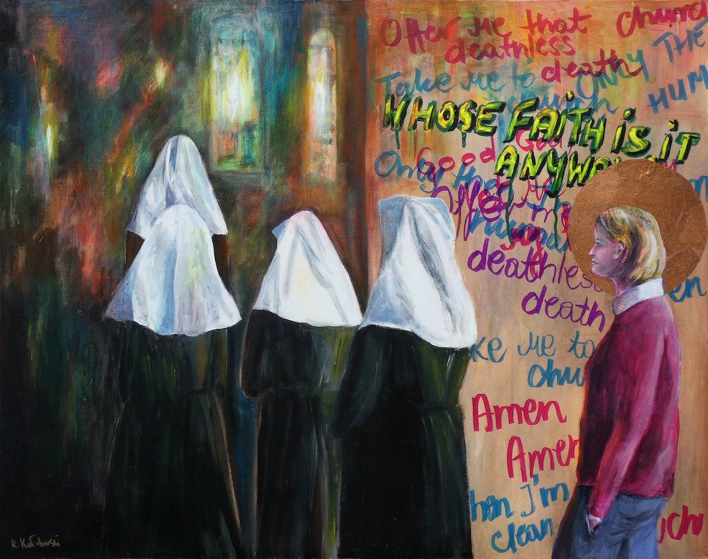 Whose Faith is it? — woman behind a group of nuns walking to church, painting by Kasia Kaldowski, acrylic on canvas.