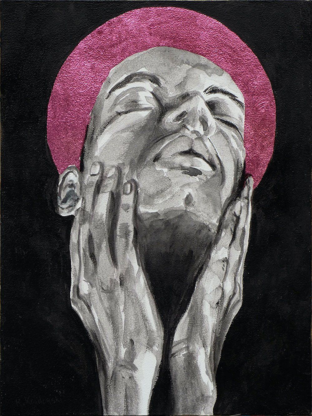 A Prayer — male with pink halo praying, portrait by Kasia Kaldowski from the All Saints Ball project, acrylic on canvas.