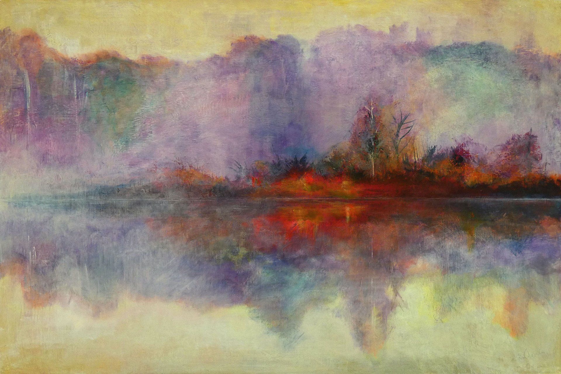 Misty Pond painting of misty water and trees 
acrylic on canvas 60 x 90cm