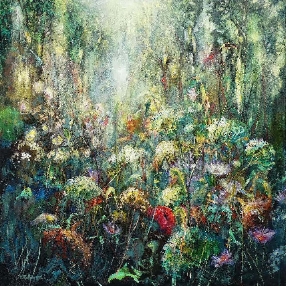 Undergrowth against a forest painting 
acrylic on canvas 80 x 80cm