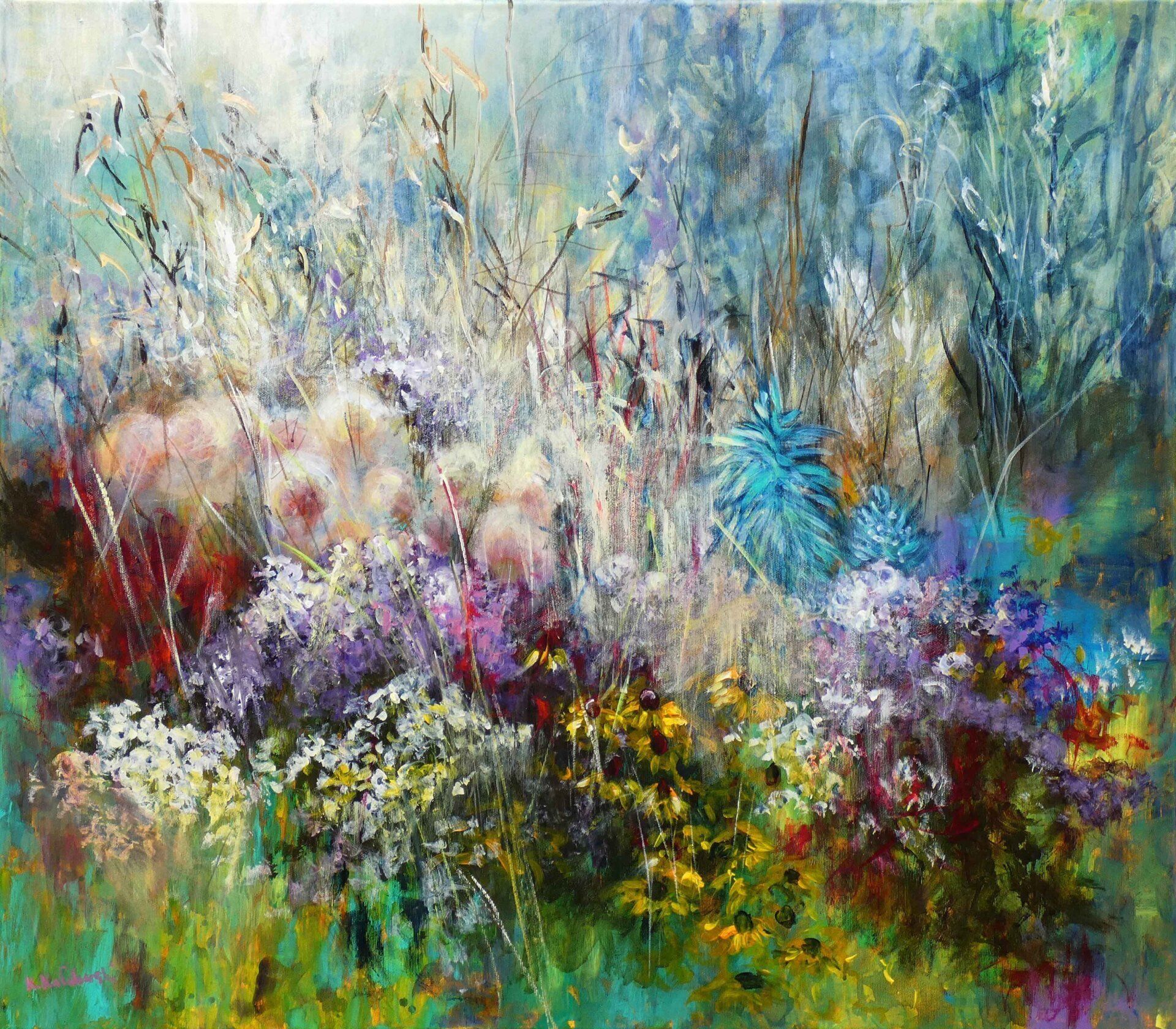 Catcher in the Wild painting of a garden close up with some wild flowers and dandelions in seeds 
acrylic on canvas 70 x 80cm
