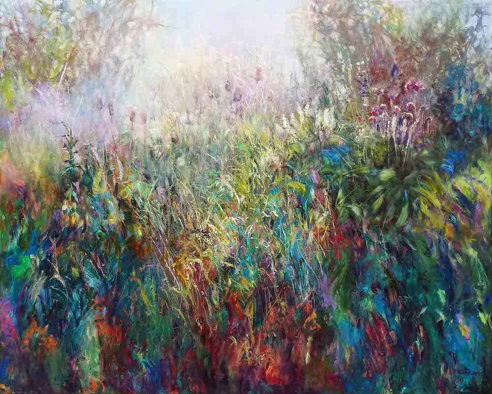 Happy Days painting of flower and grasses meadow 
acrylic on canvas 120 x 150cm