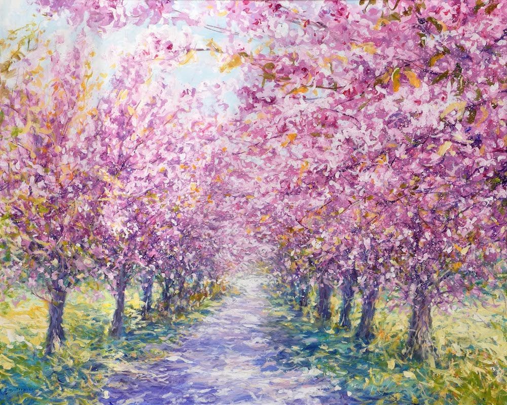Sakura – Painting by Mariusz Kaldowski, acrylic artwork of blossom trees lining a tranquil spring walkway