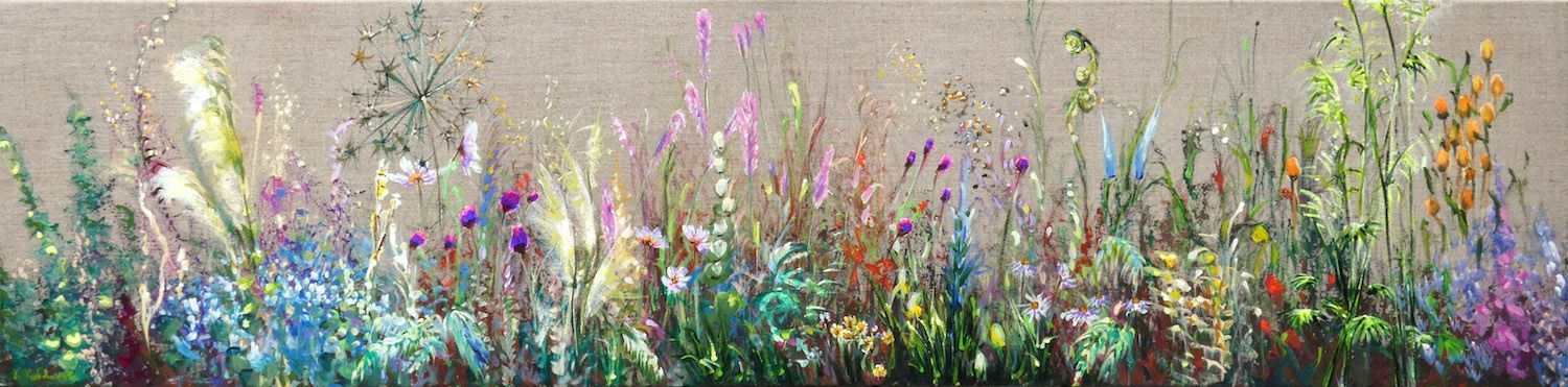 Raw Beauty painting of herb garden 
acrylic on linen canvas 29.5 x 120cm