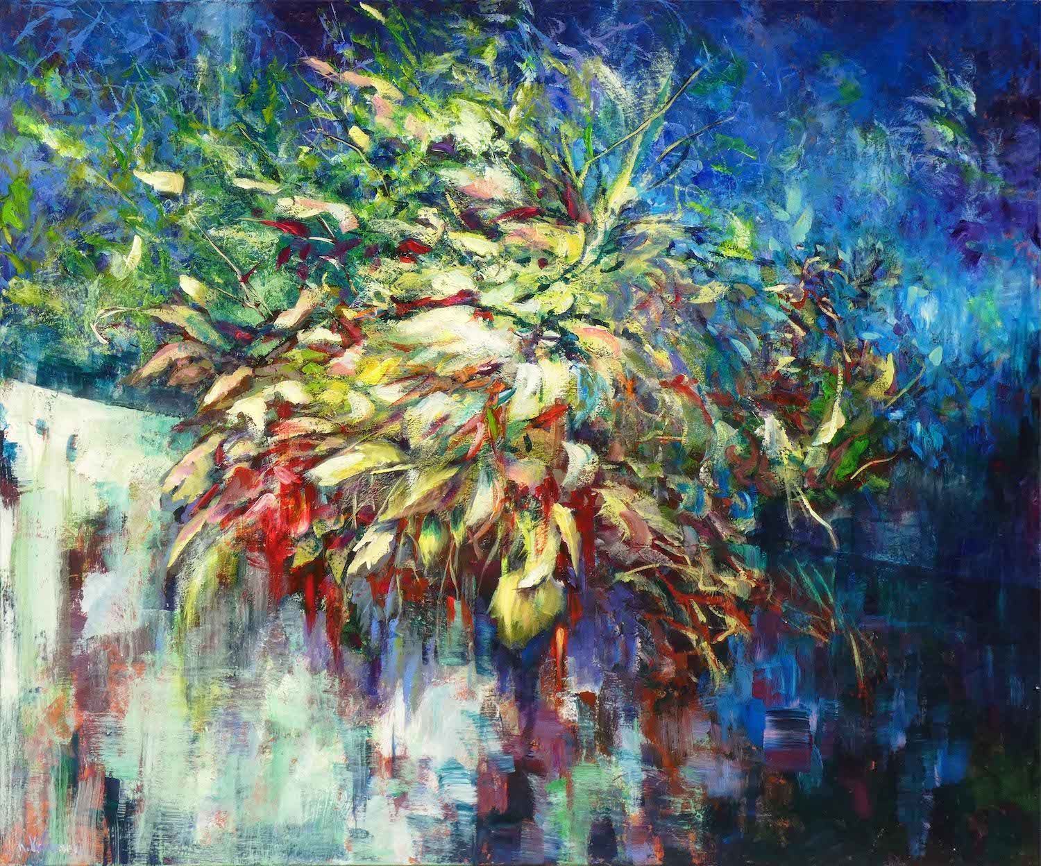 Summer In The City painting of a leafy branch growing from a wall 
acrylic on canvas 100 x 120cm