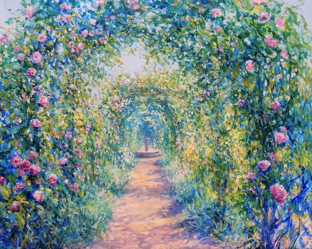 Nymans 2024 acrylic painting by Mariusz Kaldowski, inspired by National Trust gardens, rose arches at the park