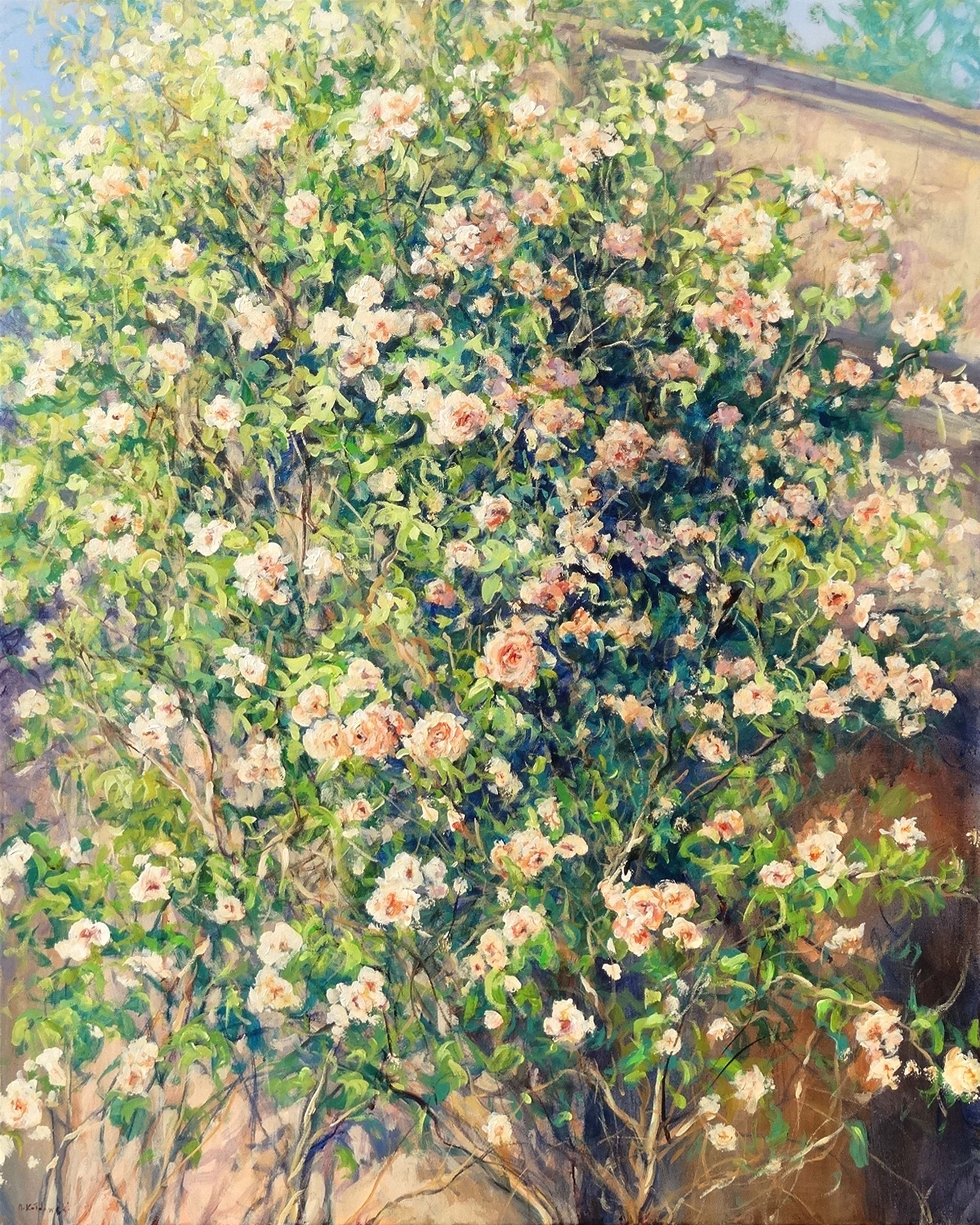 Nymans 2024 acrylic painting by Mariusz Kaldowski, inspired by National Trust gardens, climbing roses and loggia at the park
