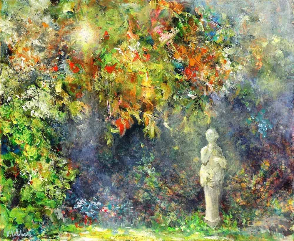 Nymans 2024 acrylic painting by Kasia Kaldowski, inspired by National Trust gardens, lady statue at the park