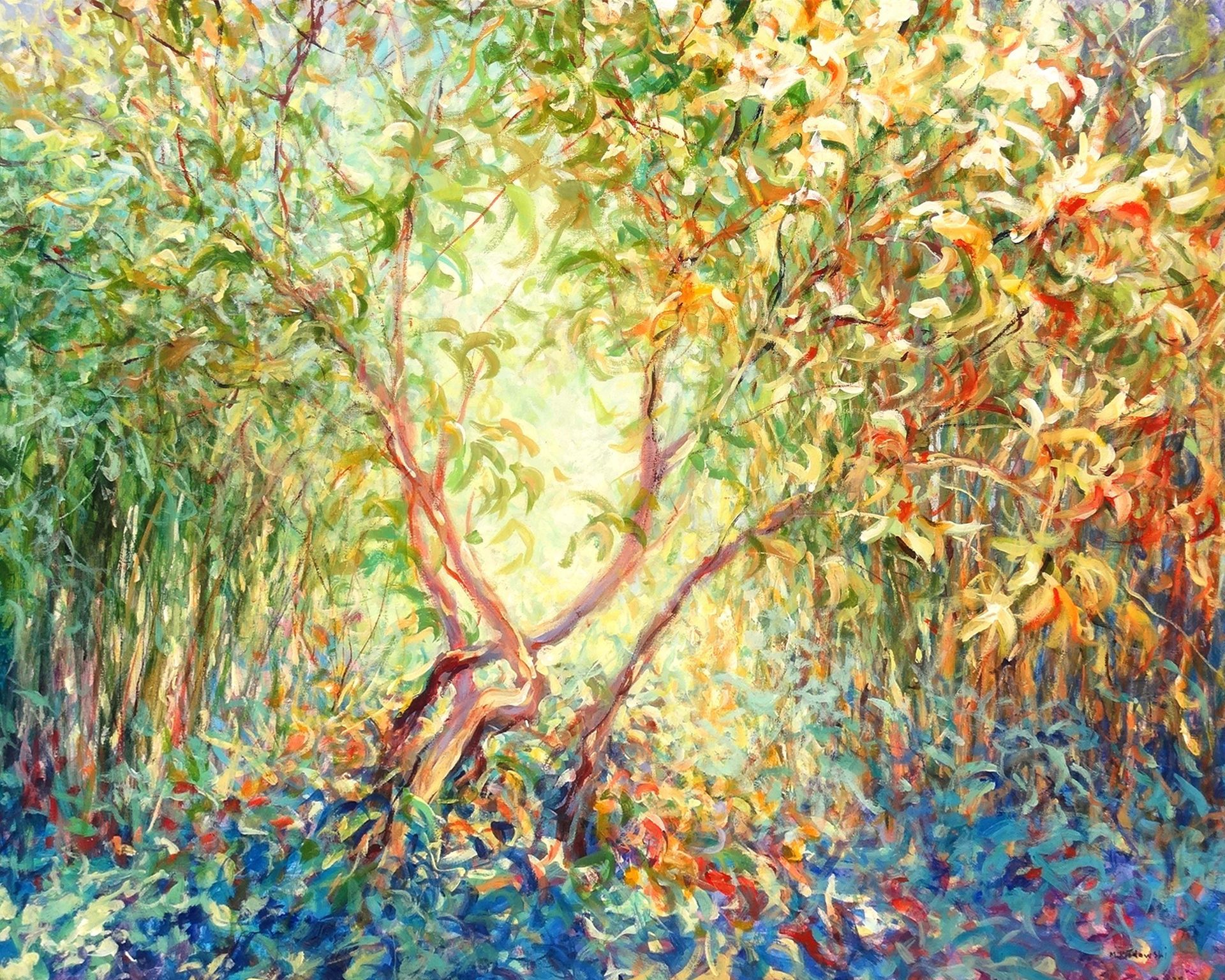 Nymans 2024 acrylic painting by Mariusz Kaldowski, inspired by National Trust gardens, bamboo grove at the park
