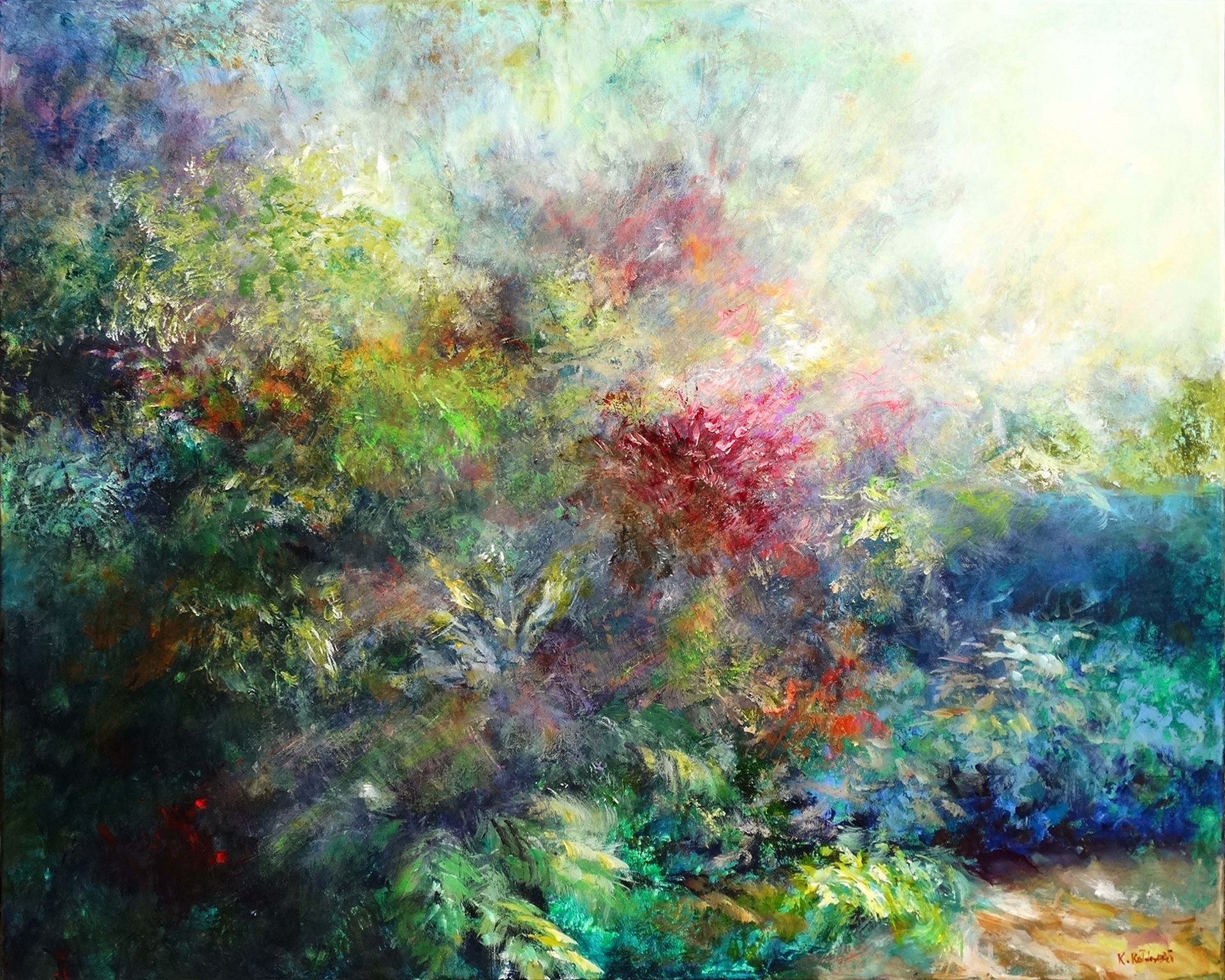 Nymans 2024 acrylic painting by Kasia Kaldowski, inspired by National Trust gardens, misty border at the park
