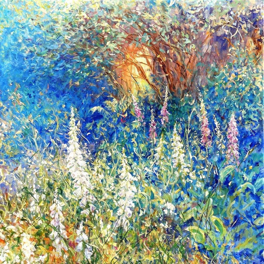 Nymans 2024 acrylic painting by Mariusz Kaldowski, inspired by National Trust gardens, fofgloves near old wall at the park