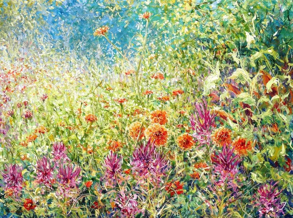 Nymans 2024 acrylic painting by Mariusz Kaldowski, inspired by National Trust gardens, summer border at the park
