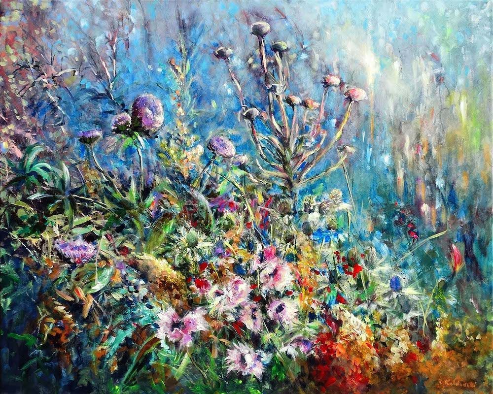 Nymans 2024 acrylic painting by Kasia Kaldowski, inspired by National Trust gardens, thistles at the park