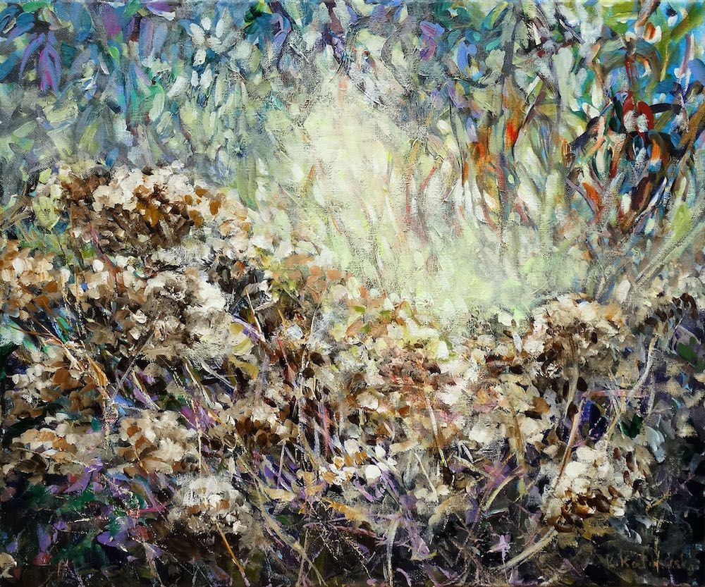 Nymans 2024 acrylic painting by Kasia Kaldowski, inspired by winter hydrangeas at the park