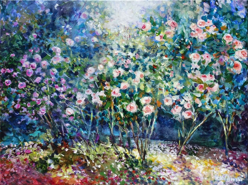 Nymans 2024 acrylic painting by Kasia Kaldowski, inspired by National Trust gardens, rose border at the park