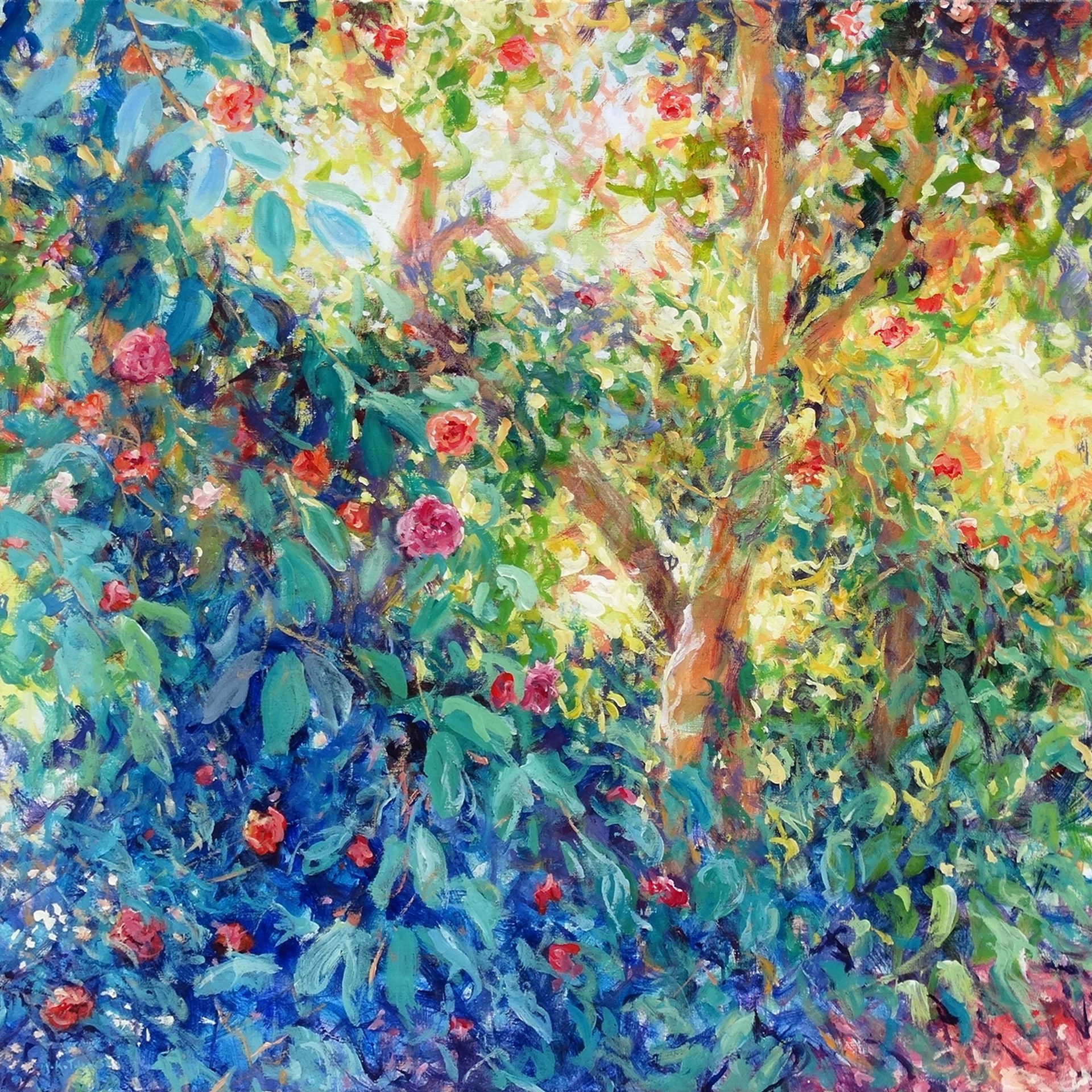 Nymans 2024 acrylic painting by Mariusz Kaldowski, inspired by National Trust gardens, rhododendrons at the park