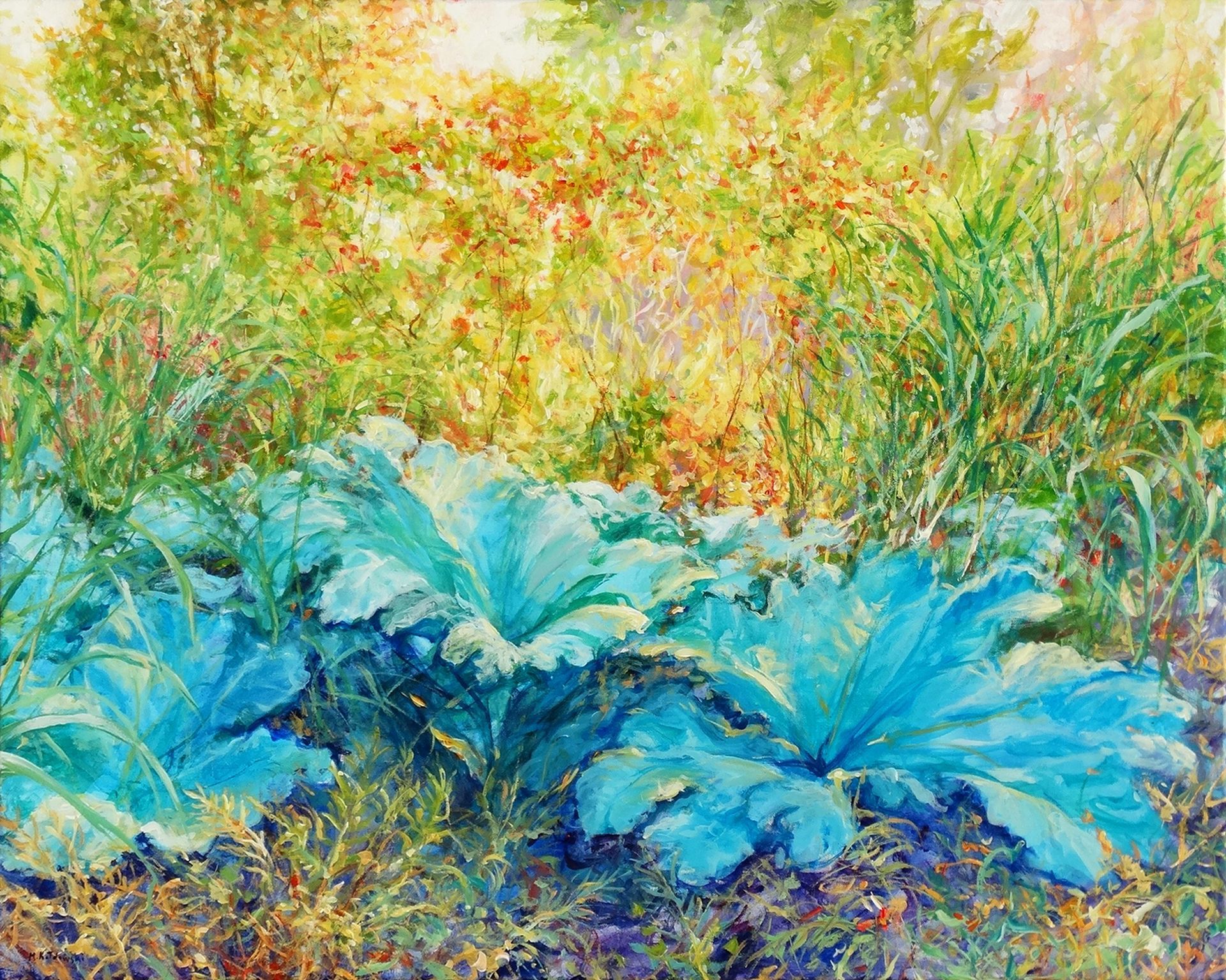 Nymans 2024 acrylic painting by Mariusz Kaldowski, inspired by National Trust gardens, gunnera at the park