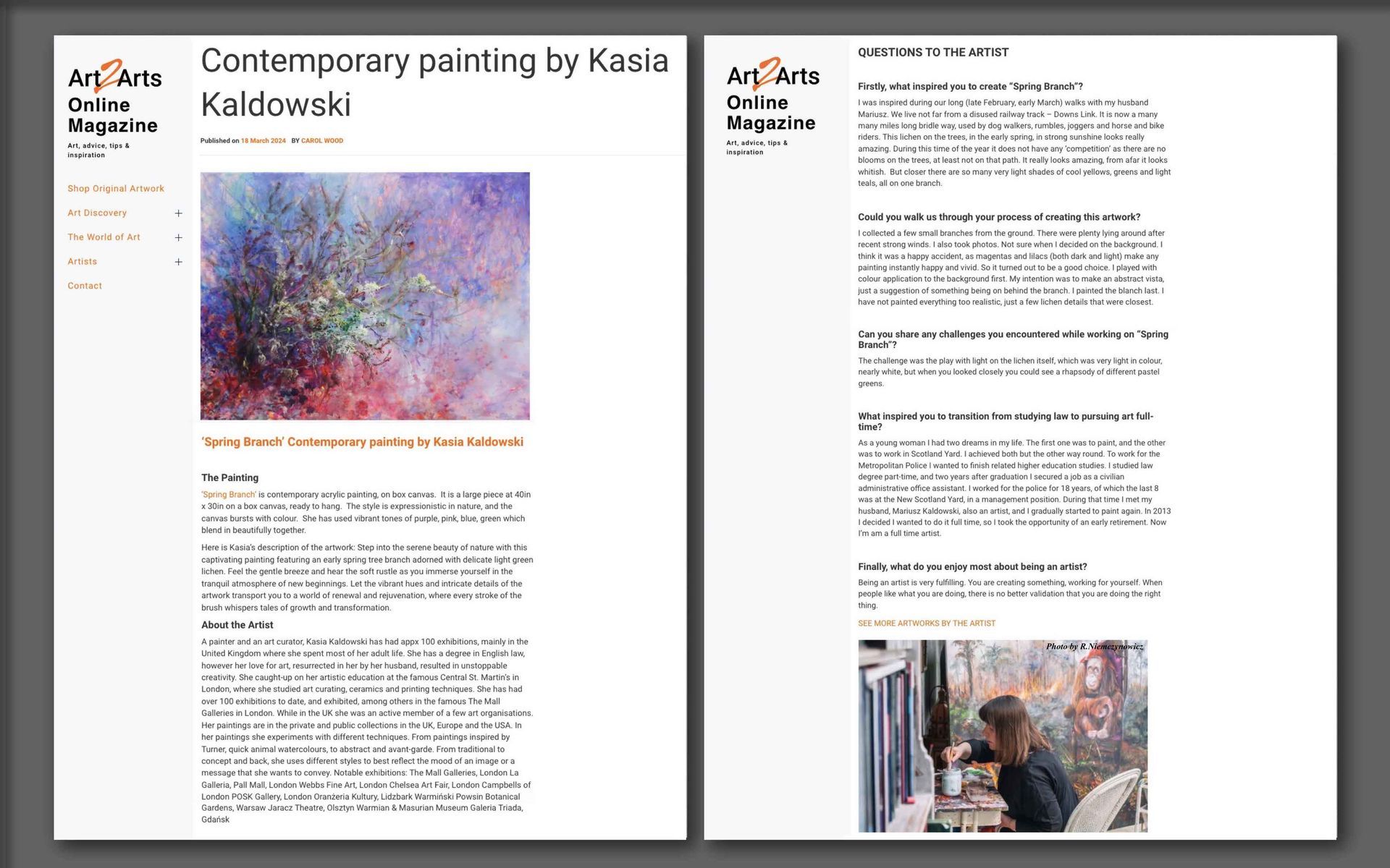 Press article in the Art2Arts blog about Kasia Kaldowski painting 'Spring Branch' (2024)