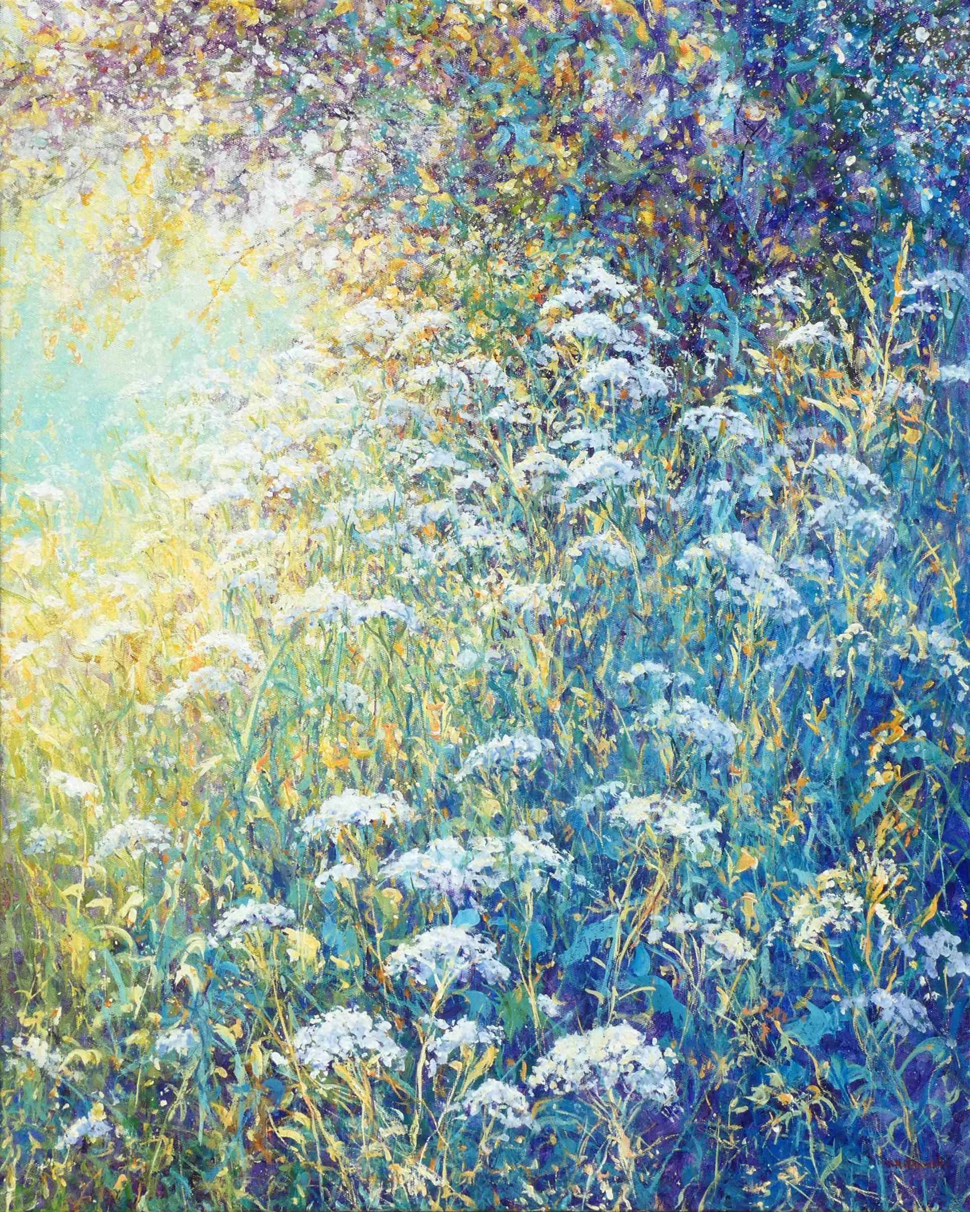 Lush white wild flowers painted by Mariusz Kaldowski i impressionistic style.