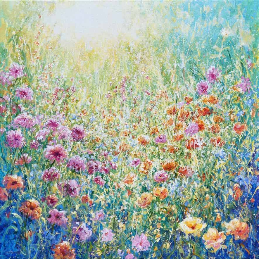 High Summer – Painting by Mariusz Kaldowski, acrylic garden artwork of a meadow filled with colourful summer wildflowers