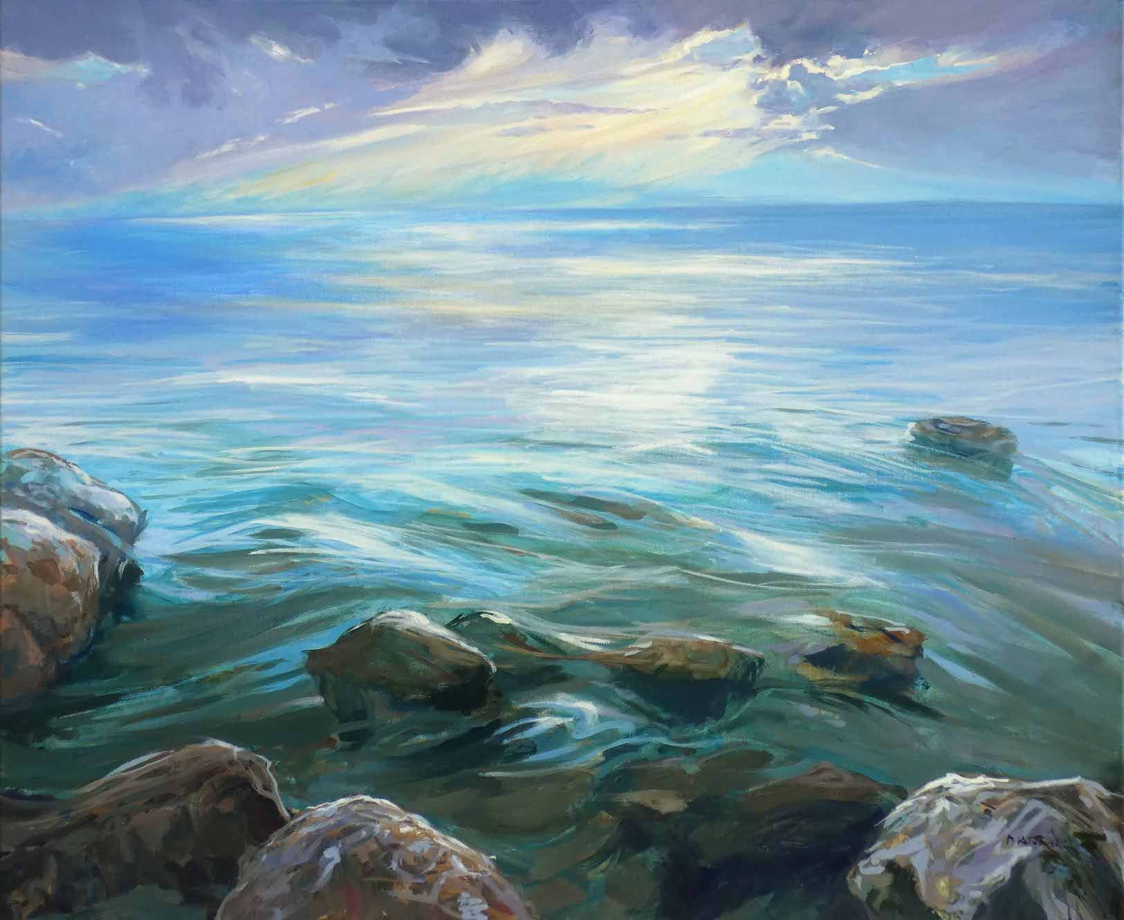 Seascape With A Rocky Shore – Painting by Mariusz Kaldowski, acrylic seascape artwork of waves against coastal rocks