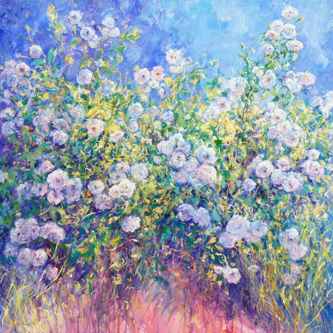 White Garden – painting by Mariusz Kaldowski, acrylic painting of a white flower garden in full bloom