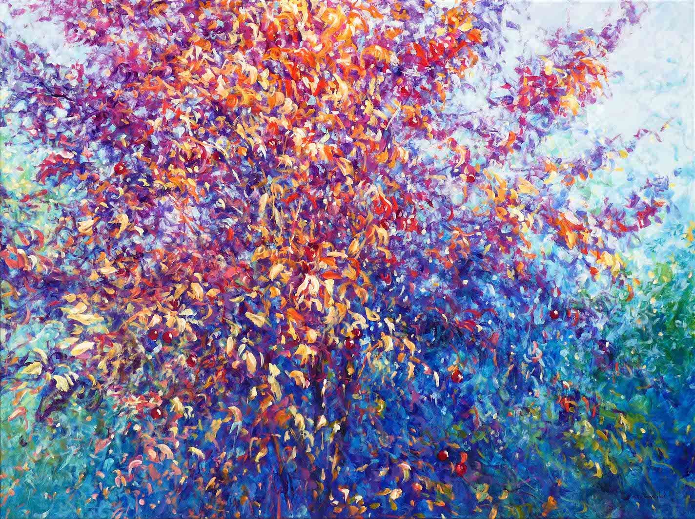 August Tapestry by Mariusz Kaldowski – vibrant acrylic painting of late summer garden colours
