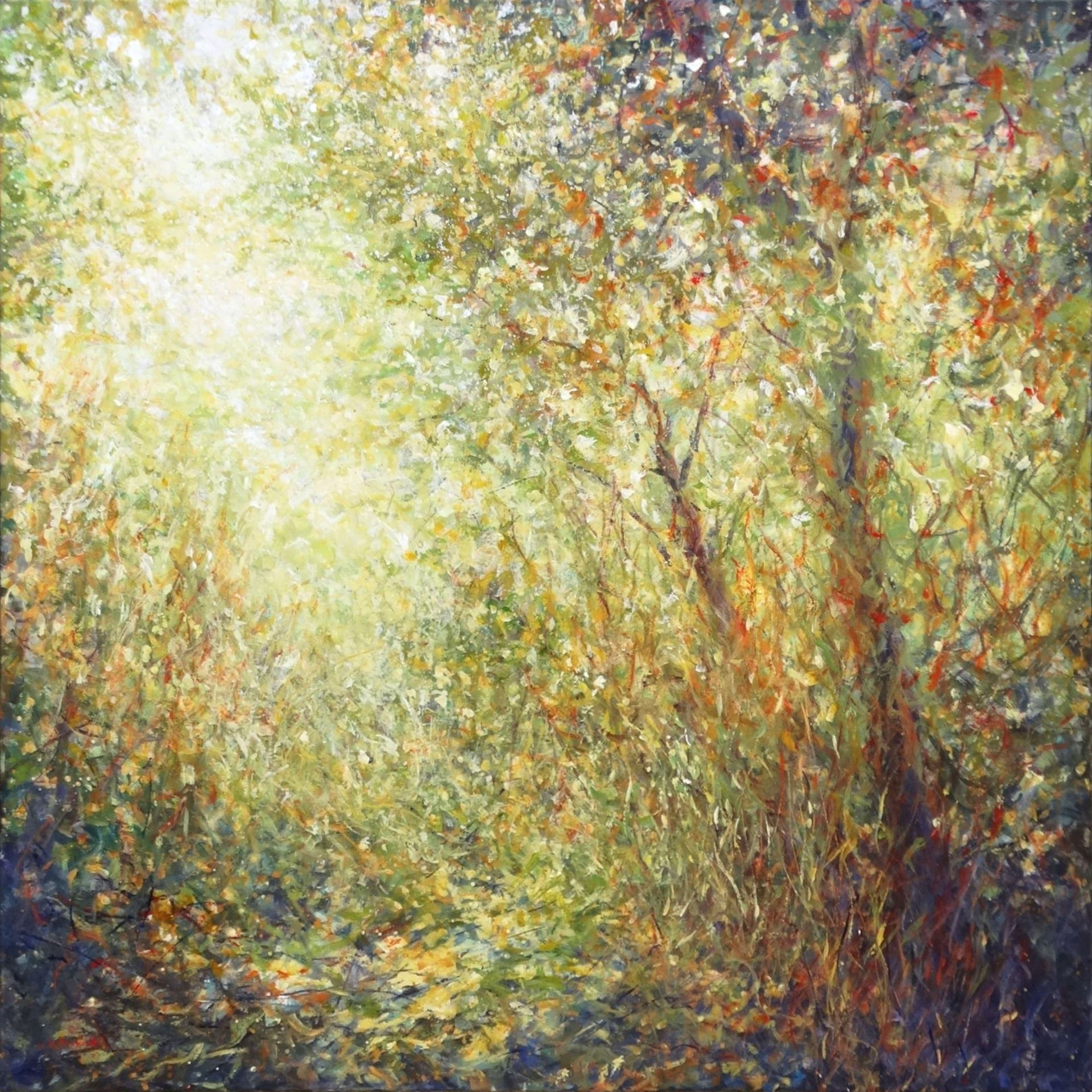 Painting by Mariusz Kaldowski – acrylic artwork of trees bathed in golden forest sunlight