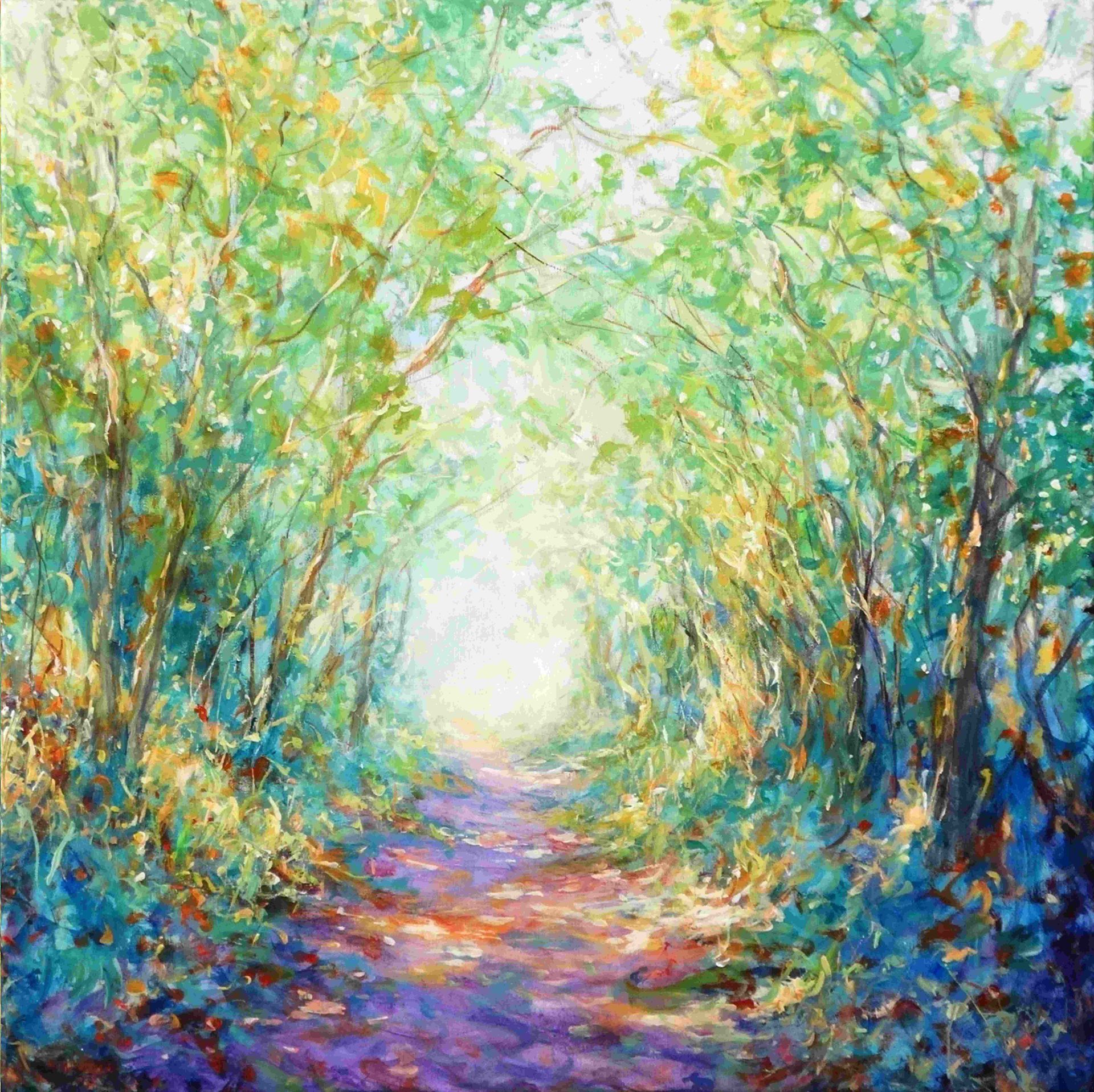 Country Walk painting by Mariusz Kaldowski – acrylic nature scene with a sunlit rural path