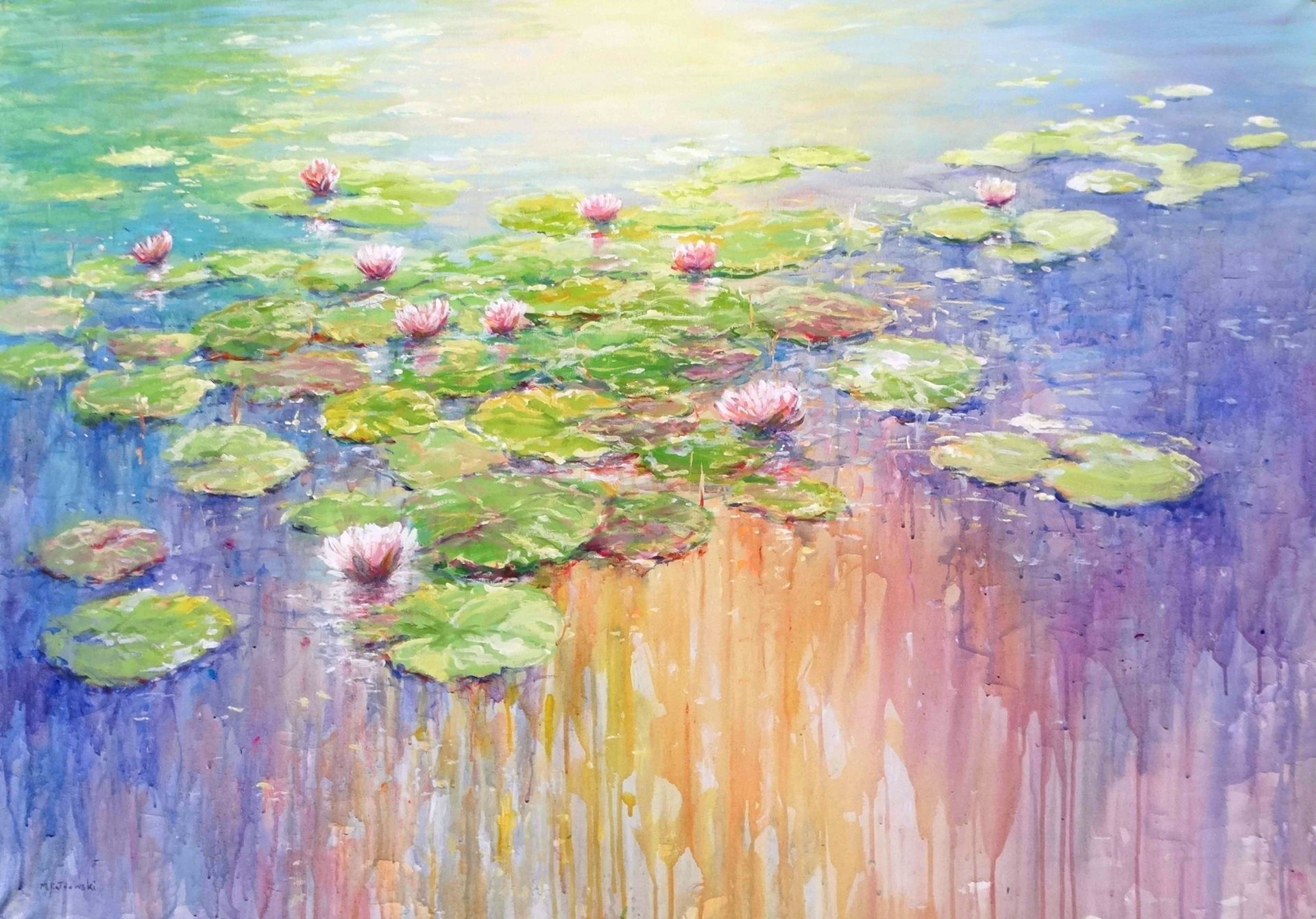 Painting by Mariusz Kaldowski – acrylic artwork of waterlilies floating on a reflective pond