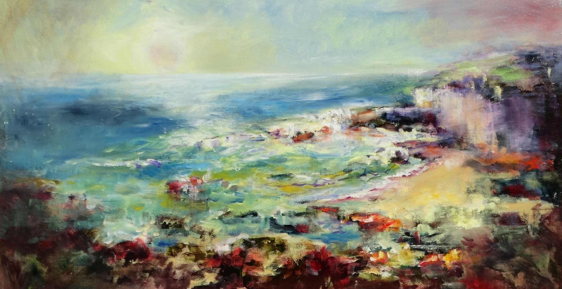 Wild Beach painting of rugged cliffs,
oil on canvas 41 x 74cm 