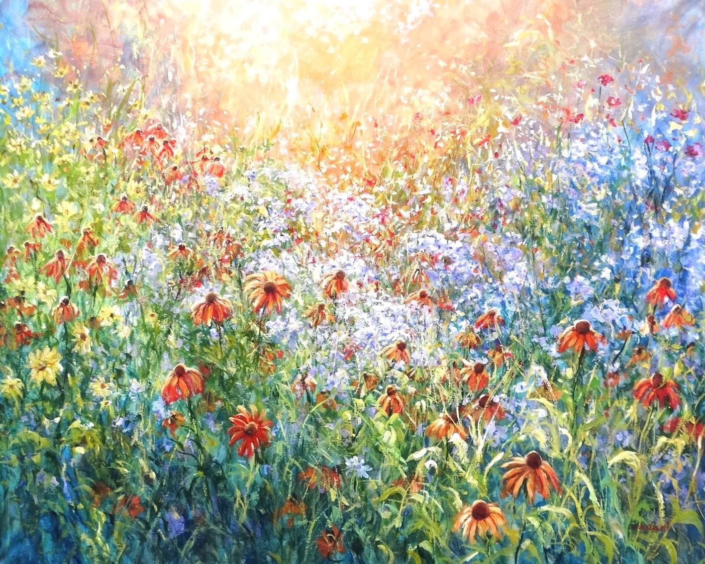 Painting by Mariusz Kaldowski – acrylic floral artwork with meadow blooms in golden sunlight