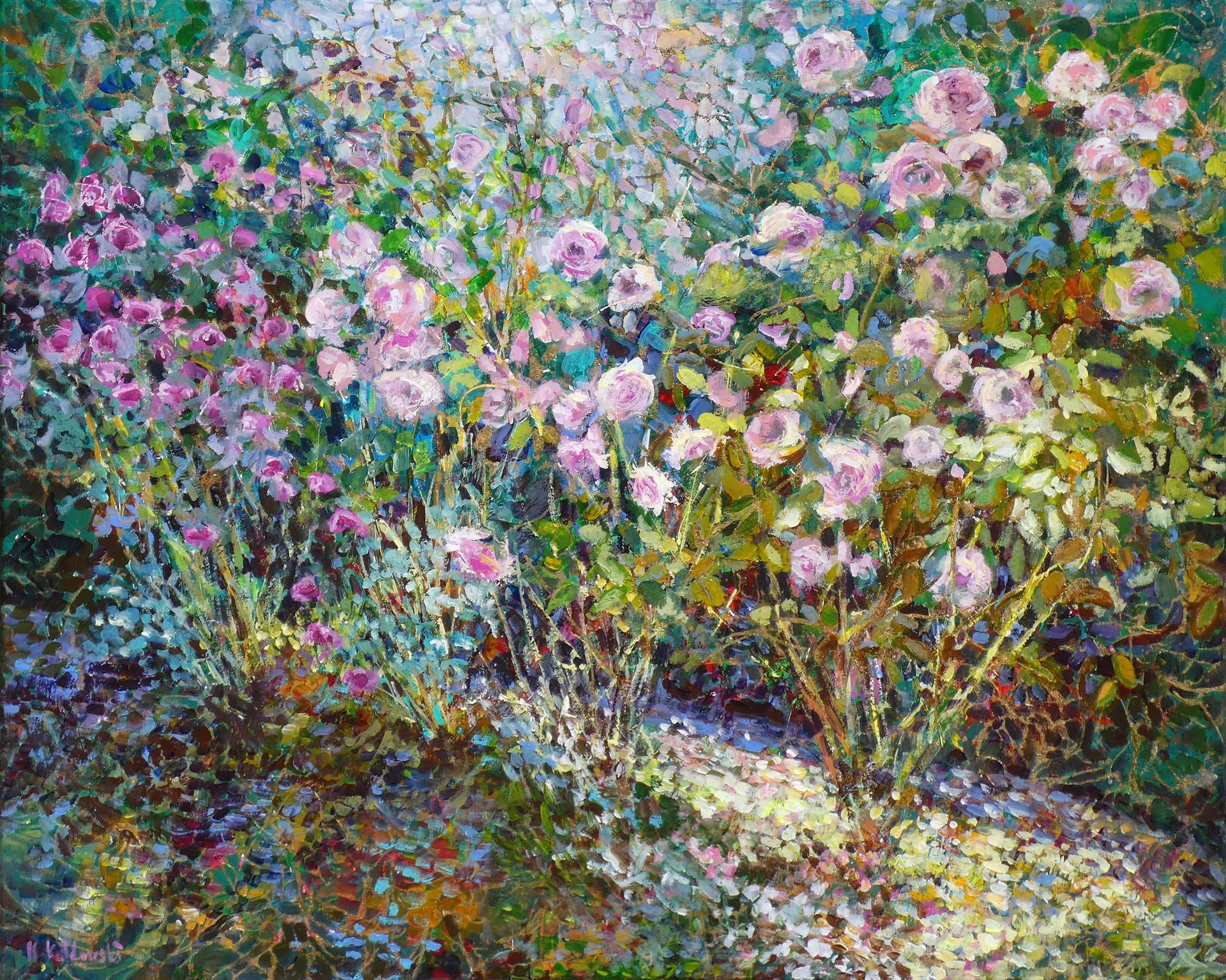 Vibrant rose bushes painted in a contemporary style with rich colors and light.