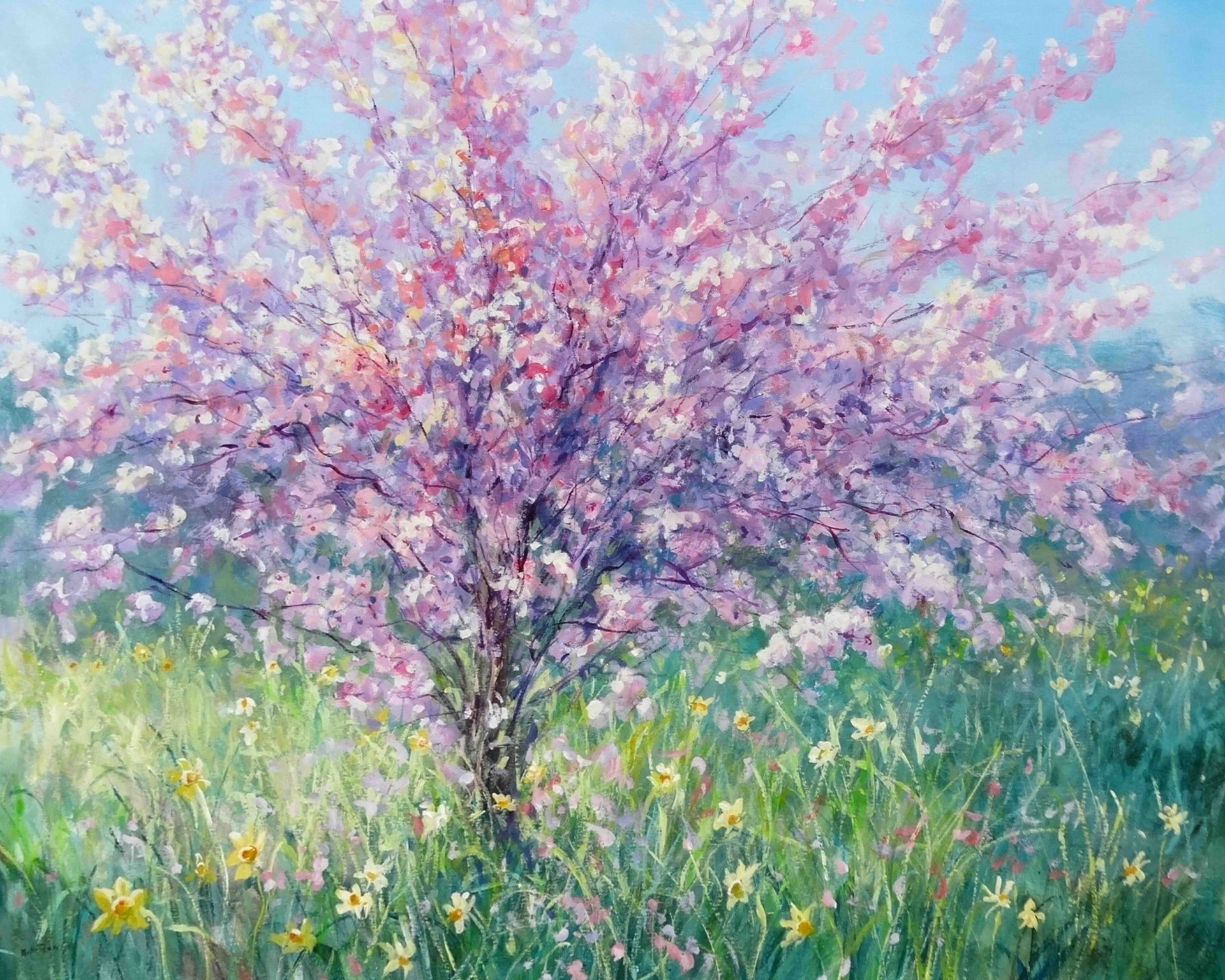 Whispers of Spring by Mariusz Kaldowski – acrylic painting of spring blossoms on canvas