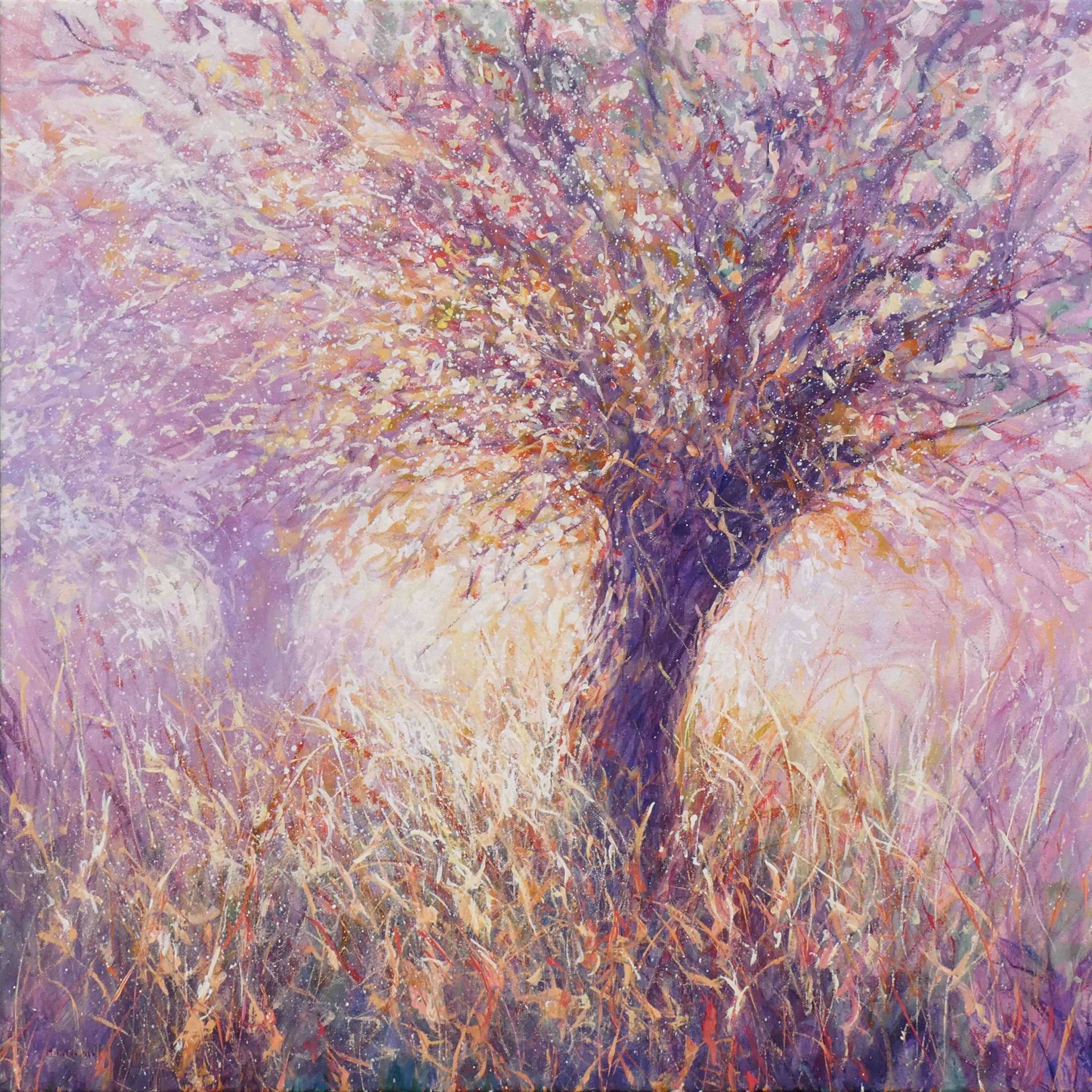 Painting by Mariusz Kaldowski – acrylic artwork of a sunlit willow tree in soft afternoon colours