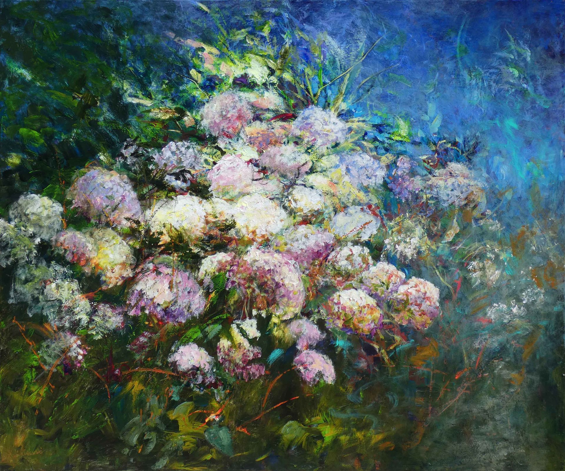 Lush hydrangea flowers against deep blue tones in a textured, impressionist painting.