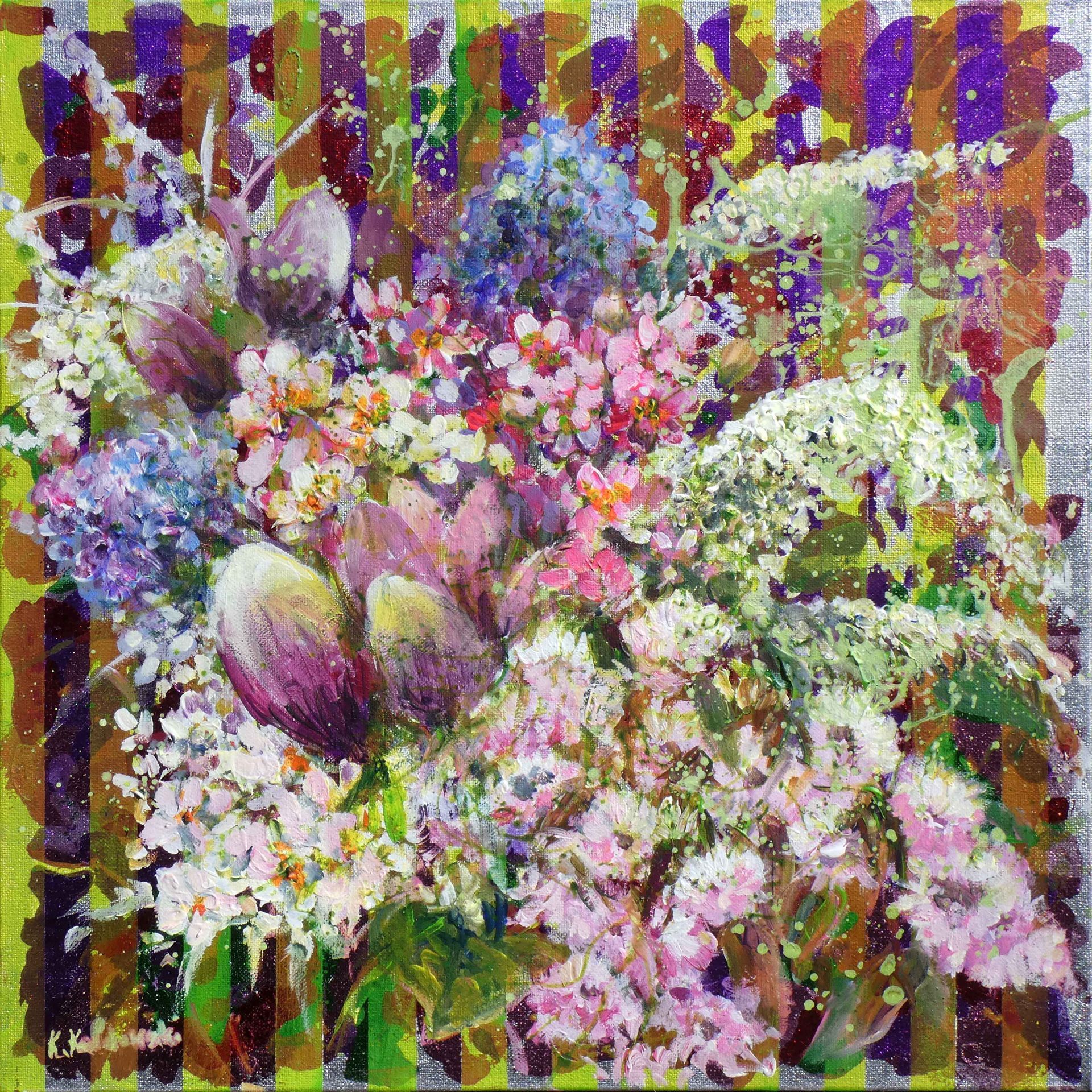 Spring Awakening painting of spring flowers bouquet against metal leaf background,
acrylic and metal leaf on canvas 46 x 46cm