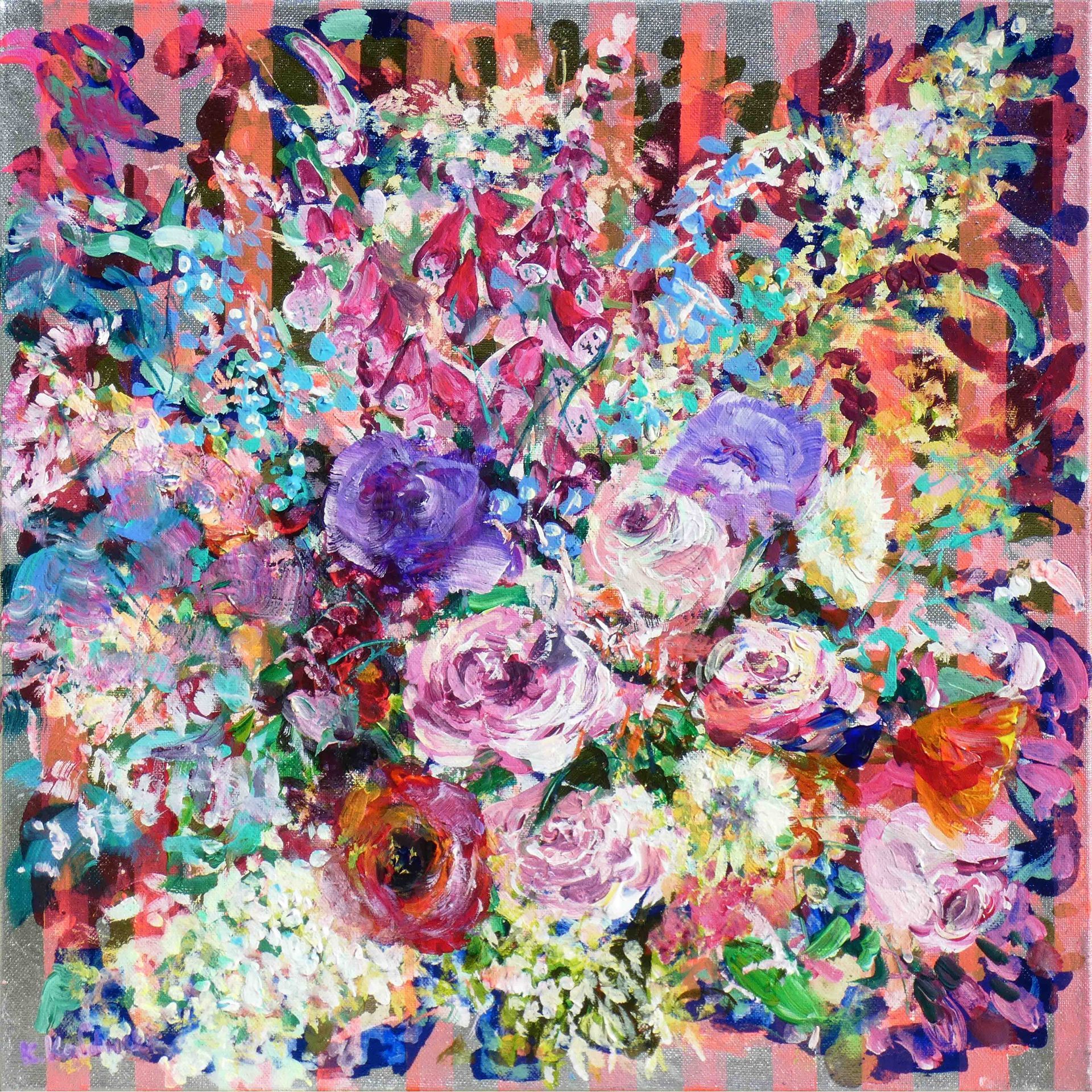 Summer Rhapsody painting of summer flowers bouquet against metal leaf background,
acrylic and metal leaf on canvas 46 x 46cm